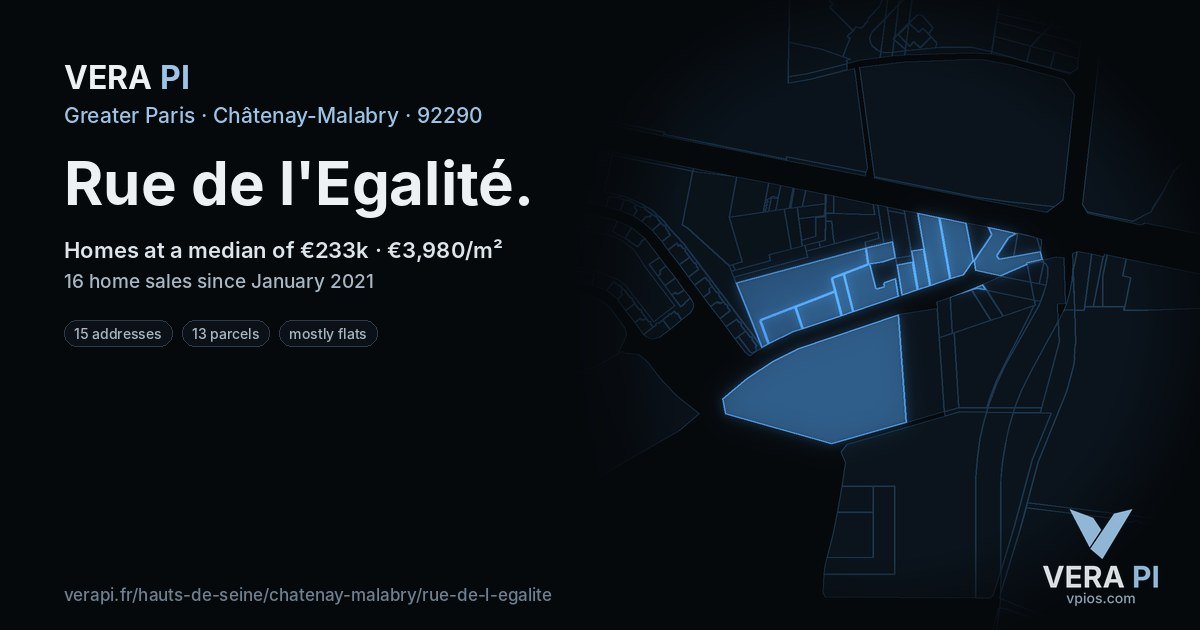 Rue de l'Egalité, Châtenay-Malabry at night – every parcel coloured by the prices around it, the street's own parcels lit