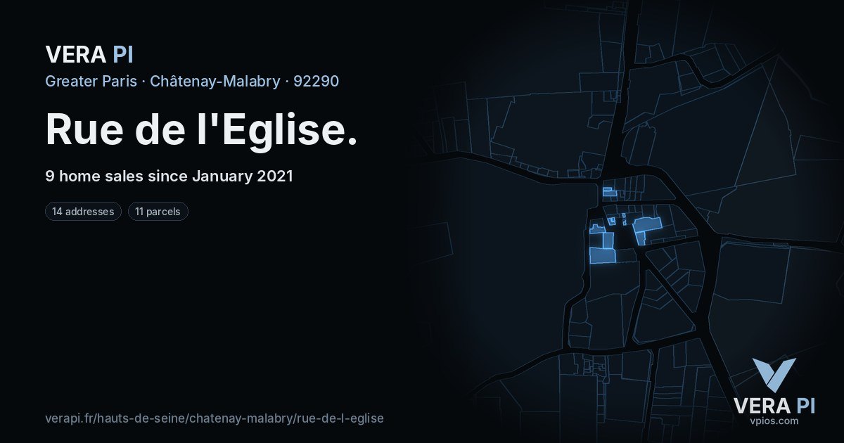 Rue de l'Eglise, Châtenay-Malabry at night – every parcel coloured by the prices around it, the street's own parcels lit