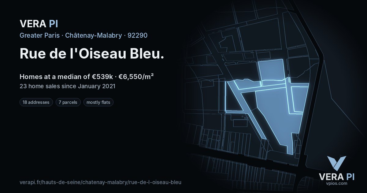 Rue de l'Oiseau Bleu, Châtenay-Malabry at night – every parcel coloured by the prices around it, the street's own parcels lit