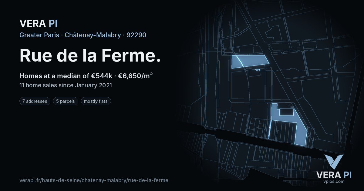 Rue de la Ferme, Châtenay-Malabry at night – every parcel coloured by the prices around it, the street's own parcels lit