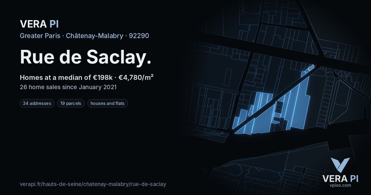 Rue de Saclay, Châtenay-Malabry at night – every parcel coloured by the prices around it, the street's own parcels lit