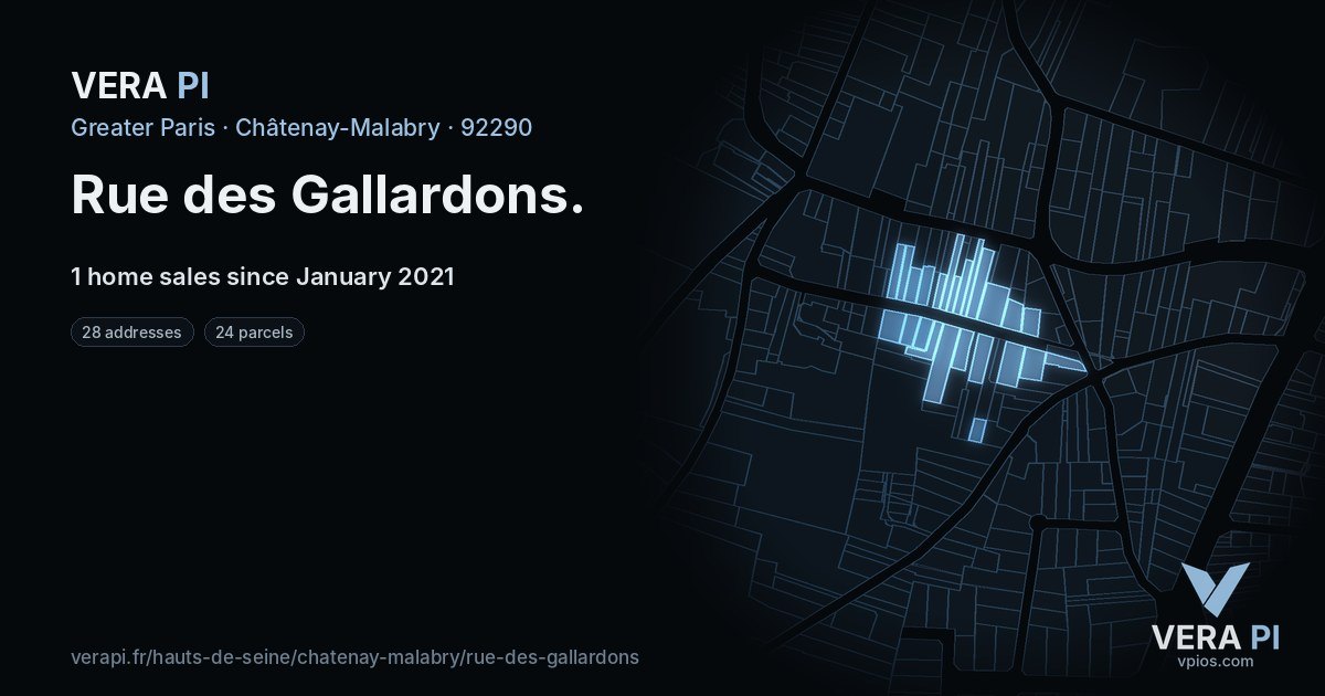 Rue des Gallardons, Châtenay-Malabry at night – every parcel coloured by the prices around it, the street's own parcels lit