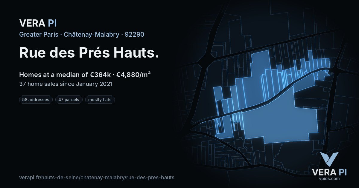 Rue des Prés Hauts, Châtenay-Malabry at night – every parcel coloured by the prices around it, the street's own parcels lit