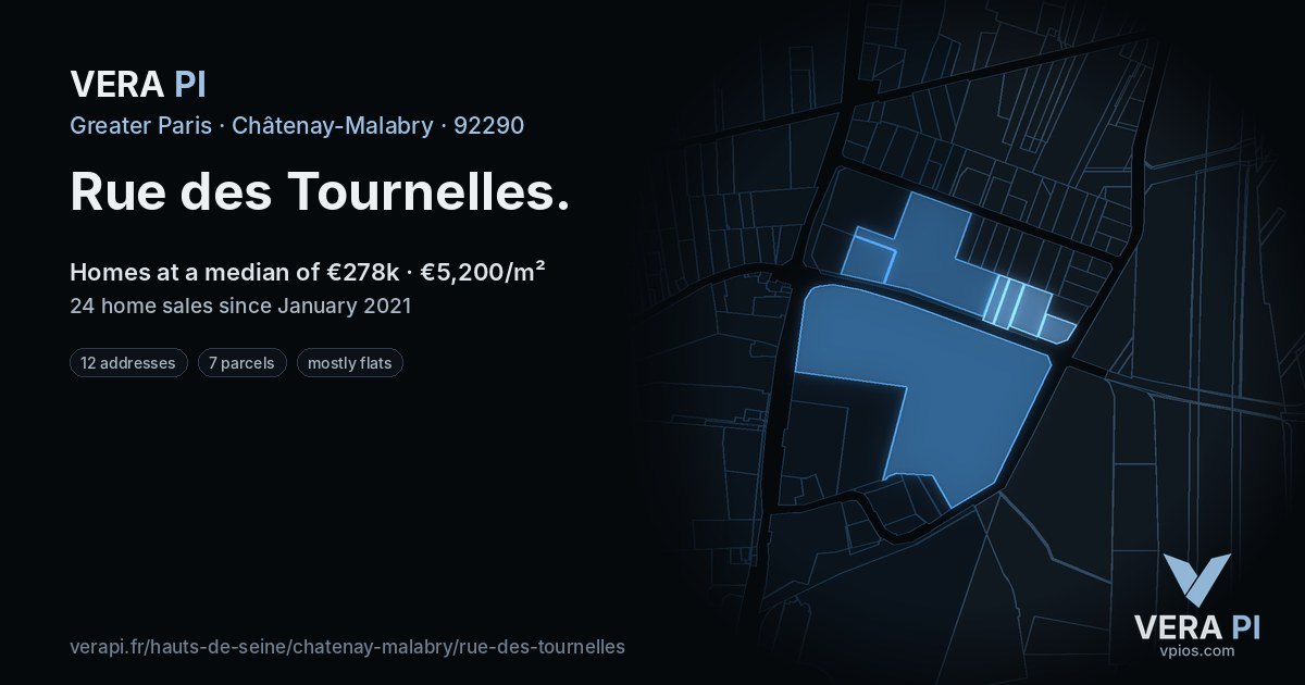 Rue des Tournelles, Châtenay-Malabry at night – every parcel coloured by the prices around it, the street's own parcels lit