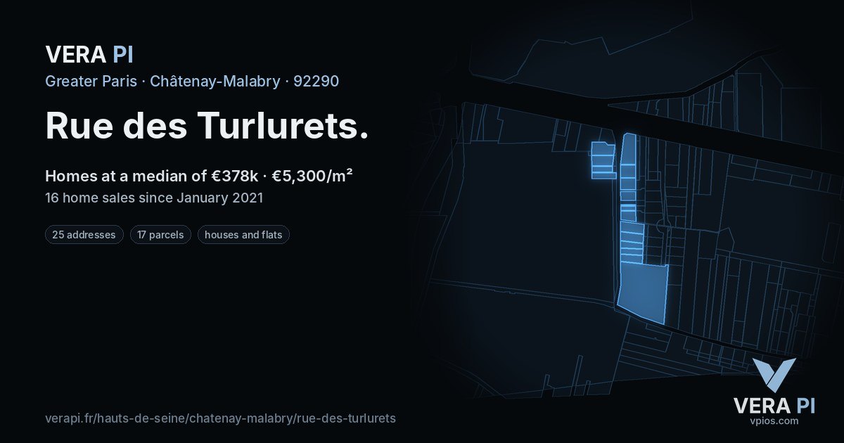 Rue des Turlurets, Châtenay-Malabry at night – every parcel coloured by the prices around it, the street's own parcels lit