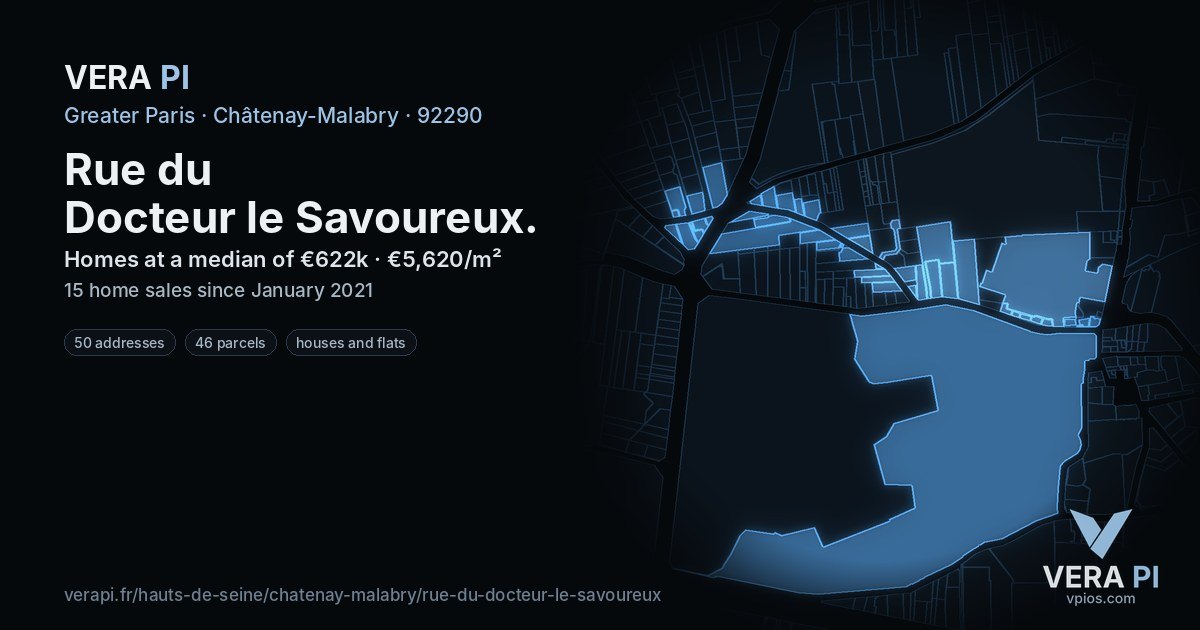 Rue du Docteur le Savoureux, Châtenay-Malabry at night – every parcel coloured by the prices around it, the street's own parcels lit