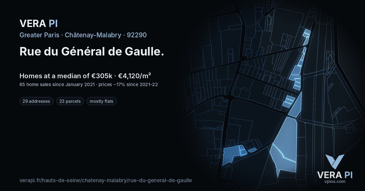 Rue du Général de Gaulle, Châtenay-Malabry at night – every parcel coloured by the prices around it, the street's own parcels lit