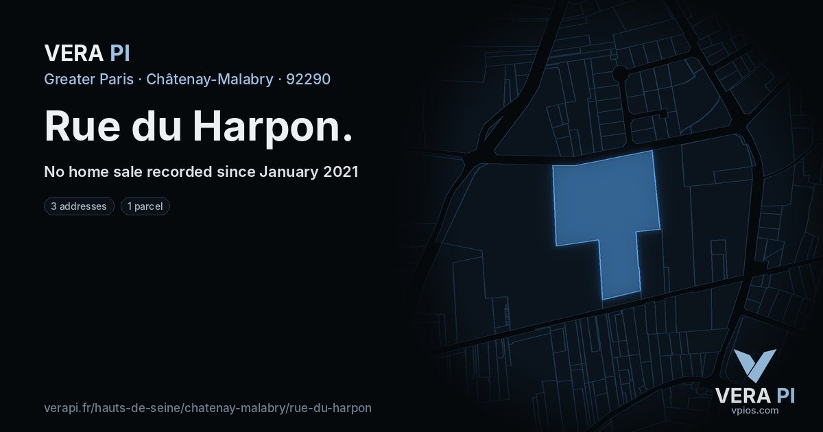 Rue du Harpon, Châtenay-Malabry at night – every parcel coloured by the prices around it, the street's own parcels lit