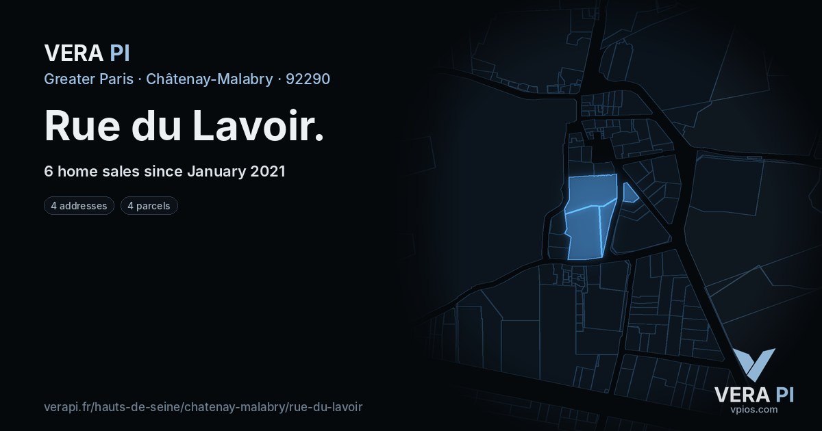 Rue du Lavoir, Châtenay-Malabry at night – every parcel coloured by the prices around it, the street's own parcels lit