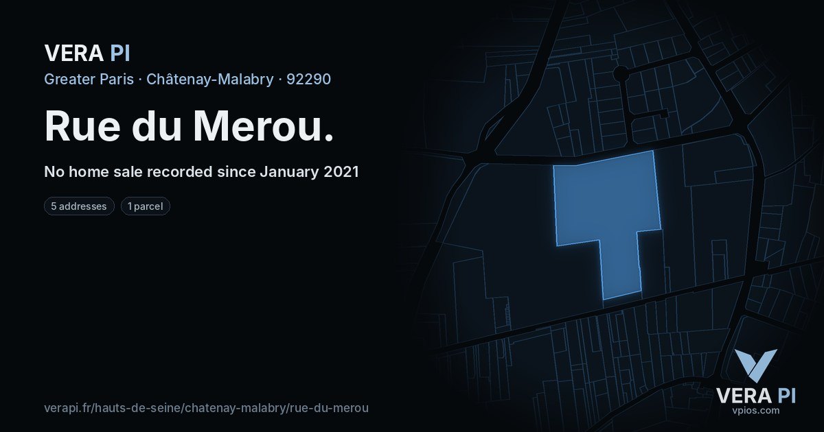 Rue du Merou, Châtenay-Malabry at night – every parcel coloured by the prices around it, the street's own parcels lit