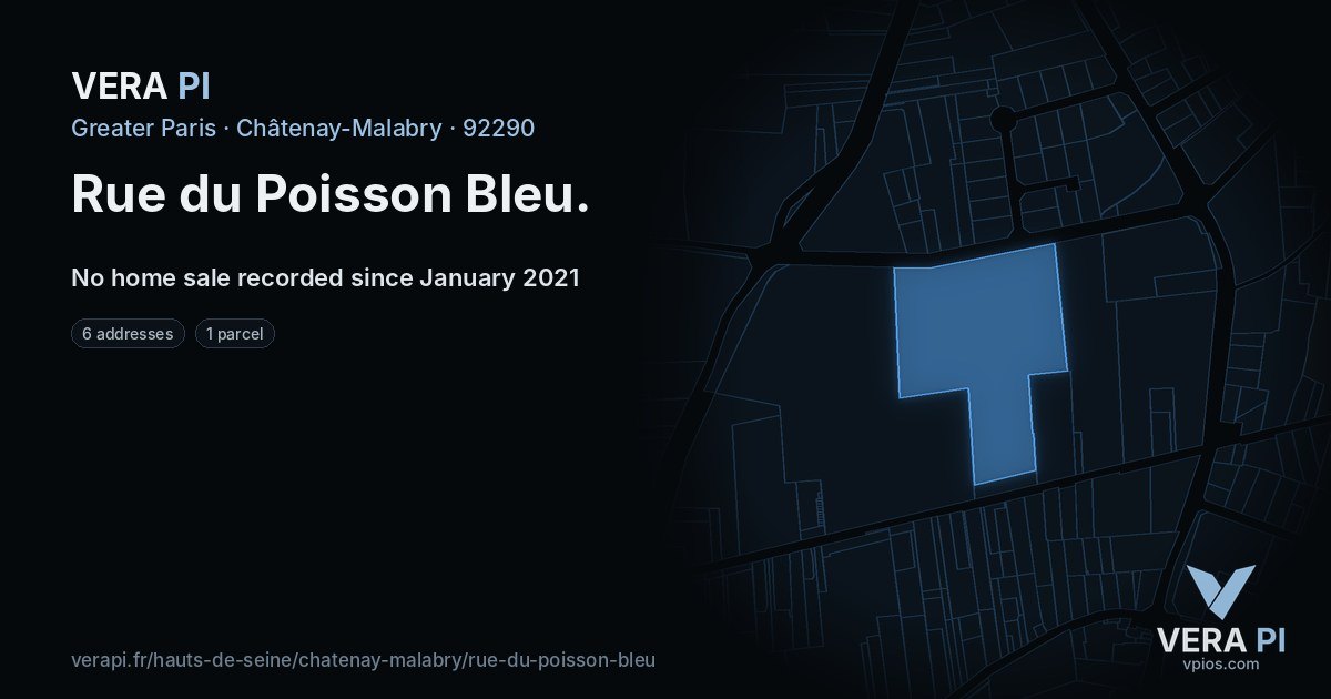 Rue du Poisson Bleu, Châtenay-Malabry at night – every parcel coloured by the prices around it, the street's own parcels lit
