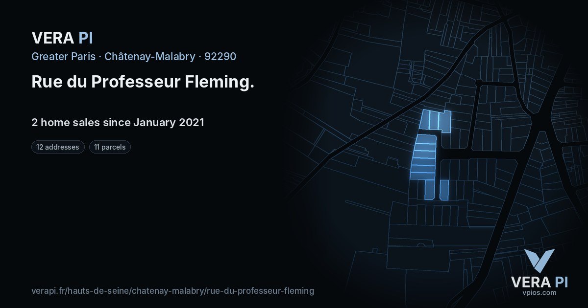 Rue du Professeur Fleming, Châtenay-Malabry at night – every parcel coloured by the prices around it, the street's own parcels lit
