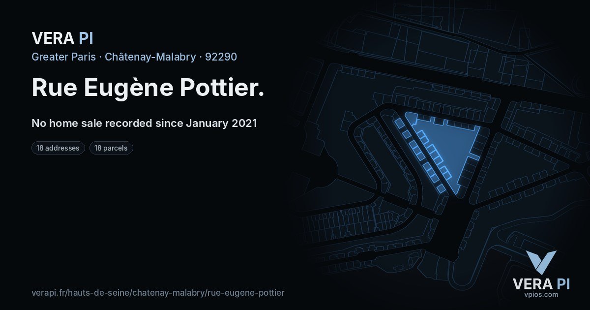 Rue Eugène Pottier, Châtenay-Malabry at night – every parcel coloured by the prices around it, the street's own parcels lit