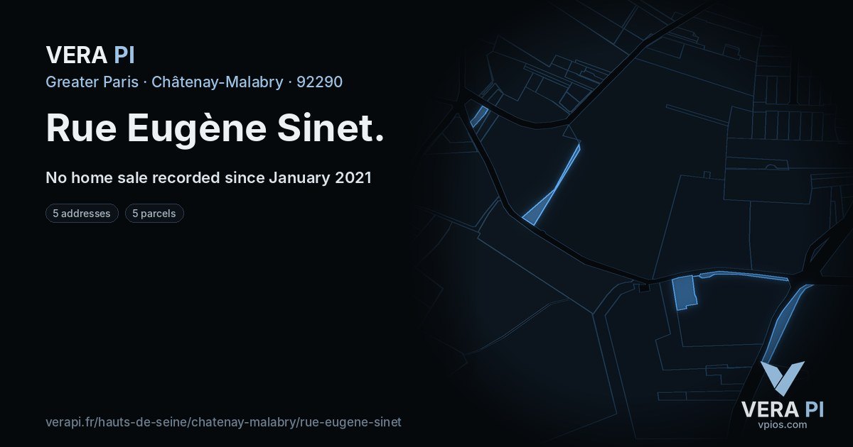 Rue Eugène Sinet, Châtenay-Malabry at night – every parcel coloured by the prices around it, the street's own parcels lit