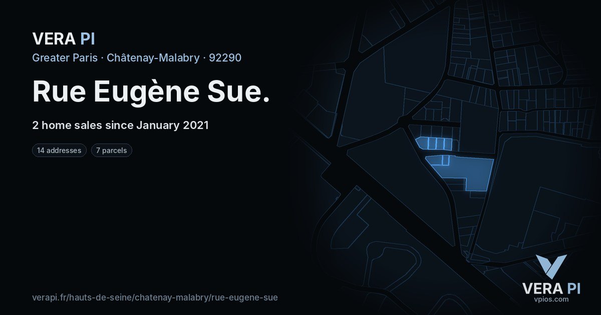 Rue Eugène Sue, Châtenay-Malabry at night – every parcel coloured by the prices around it, the street's own parcels lit