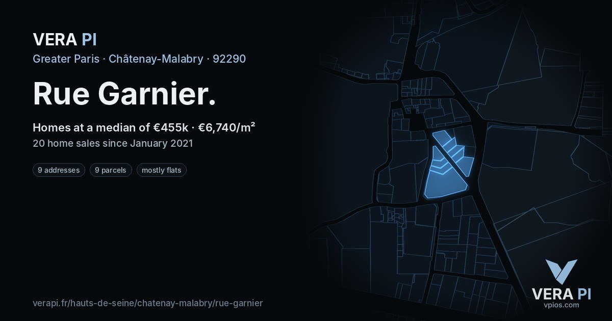 Rue Garnier, Châtenay-Malabry at night – every parcel coloured by the prices around it, the street's own parcels lit
