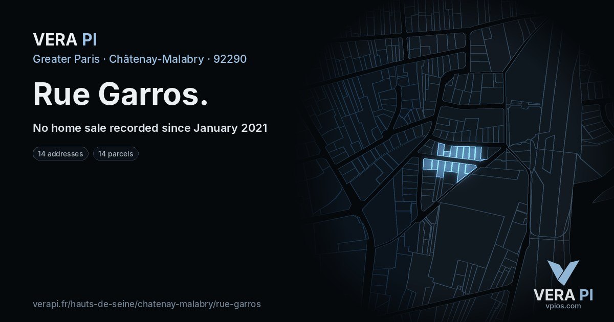 Rue Garros, Châtenay-Malabry at night – every parcel coloured by the prices around it, the street's own parcels lit