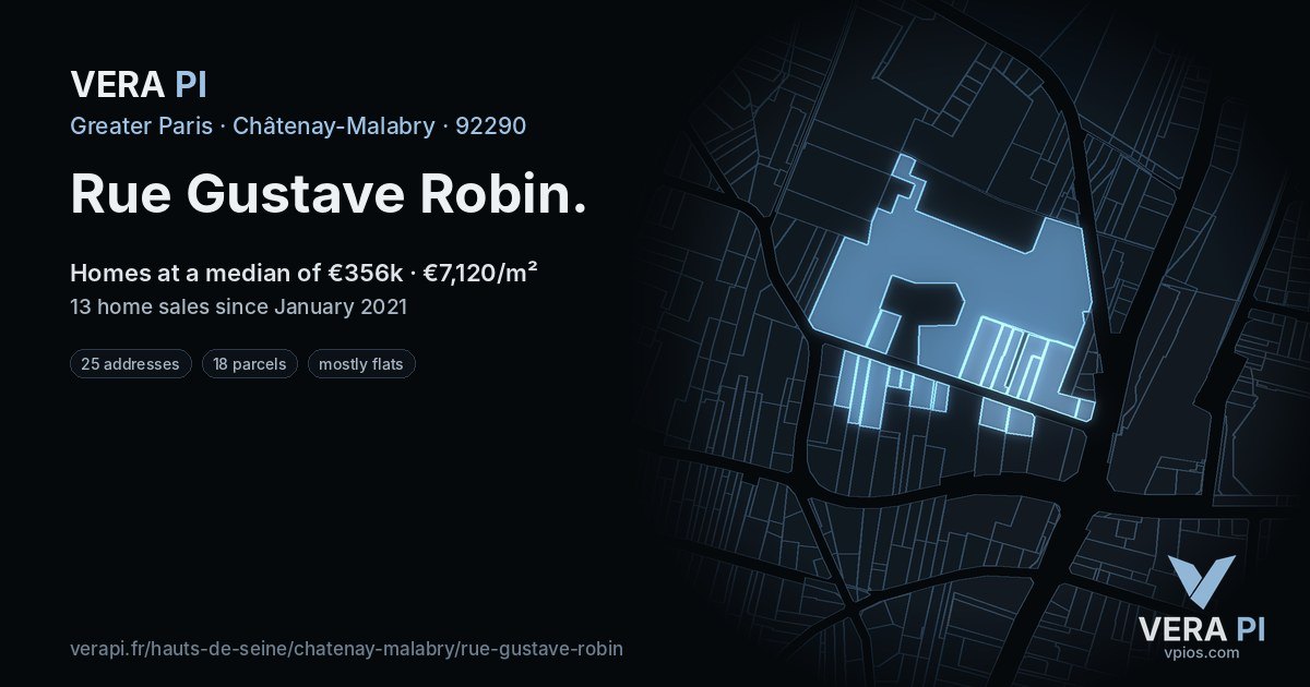 Rue Gustave Robin, Châtenay-Malabry at night – every parcel coloured by the prices around it, the street's own parcels lit