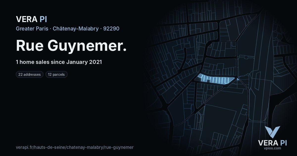 Rue Guynemer, Châtenay-Malabry at night – every parcel coloured by the prices around it, the street's own parcels lit