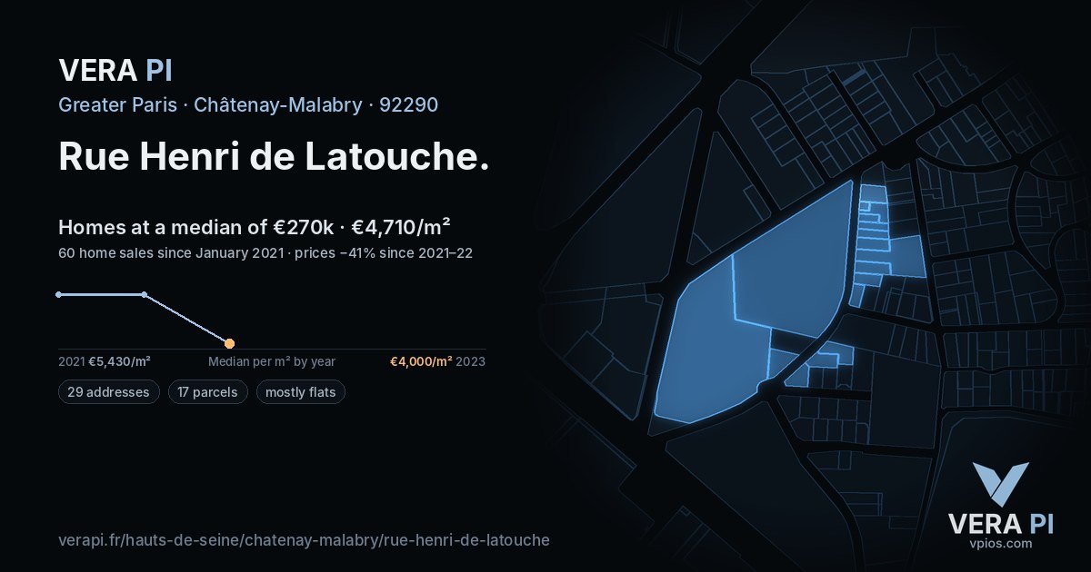 Rue Henri de Latouche, Châtenay-Malabry at night – every parcel coloured by the prices around it, the street's own parcels lit