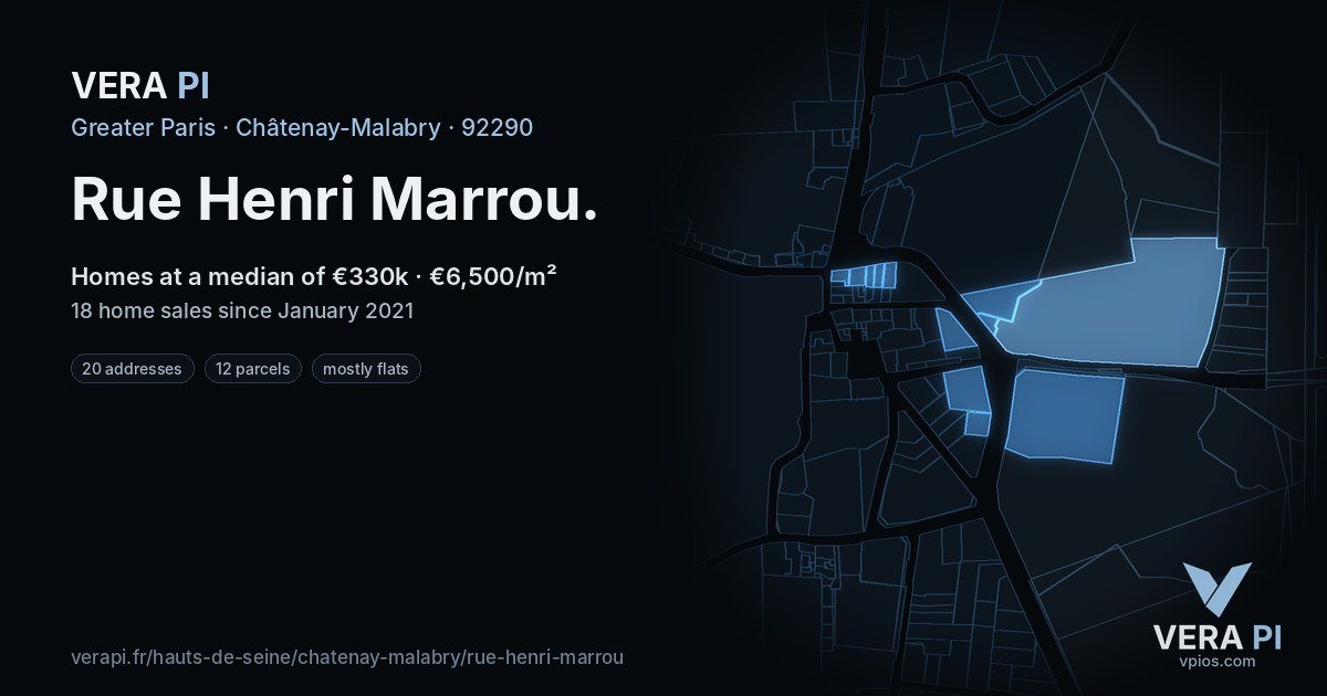 Rue Henri Marrou, Châtenay-Malabry at night – every parcel coloured by the prices around it, the street's own parcels lit