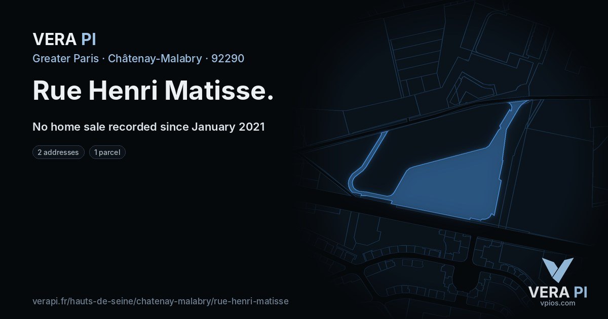 Rue Henri Matisse, Châtenay-Malabry at night – every parcel coloured by the prices around it, the street's own parcels lit
