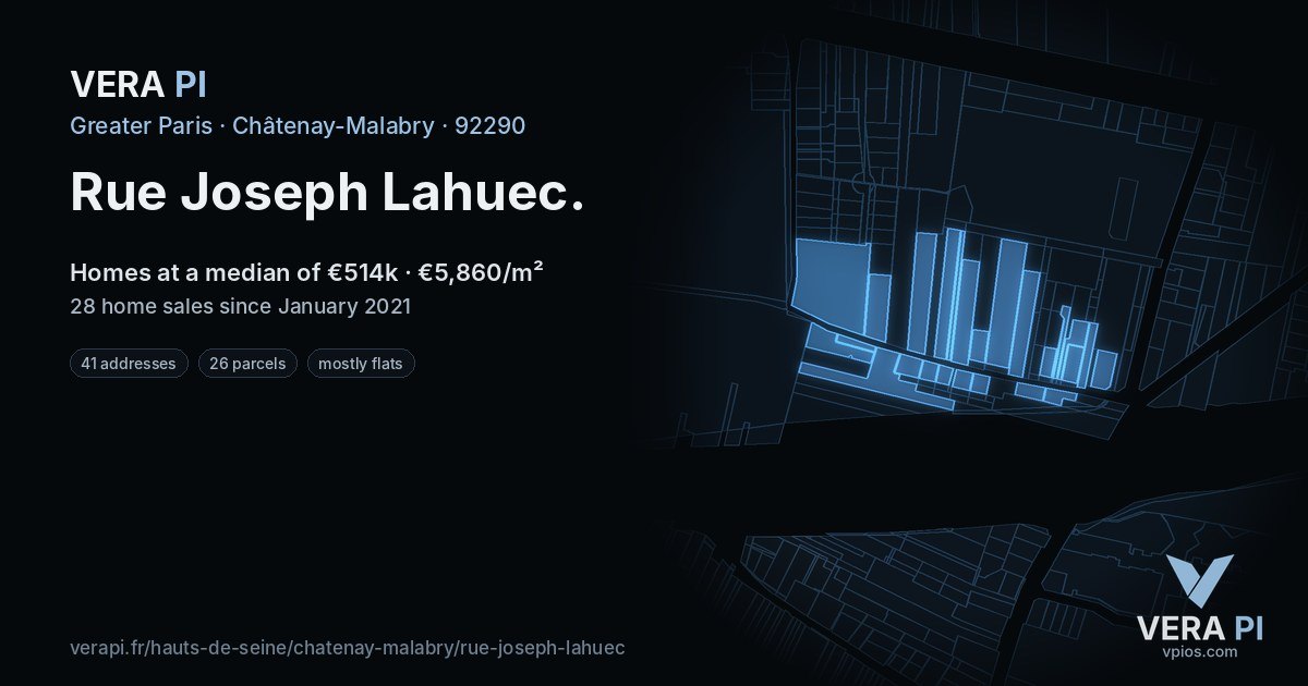 Rue Joseph Lahuec, Châtenay-Malabry at night – every parcel coloured by the prices around it, the street's own parcels lit