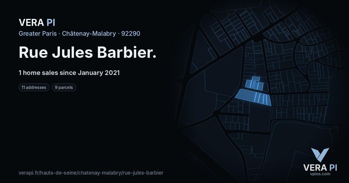 Rue Jules Barbier, Châtenay-Malabry at night – every parcel coloured by the prices around it, the street's own parcels lit