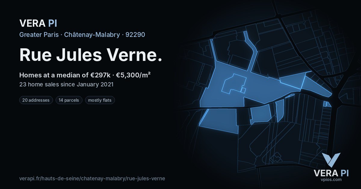 Rue Jules Verne, Châtenay-Malabry at night – every parcel coloured by the prices around it, the street's own parcels lit