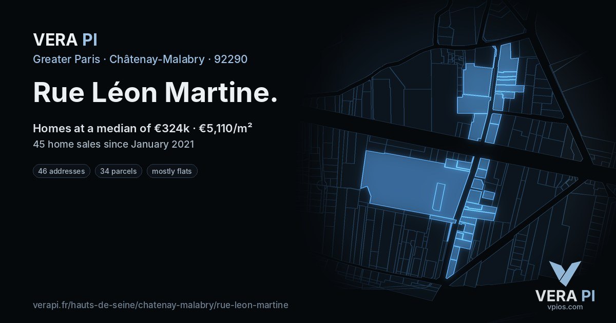 Rue Léon Martine, Châtenay-Malabry at night – every parcel coloured by the prices around it, the street's own parcels lit