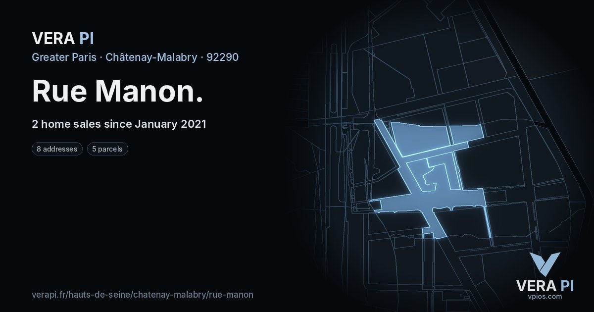 Rue Manon, Châtenay-Malabry at night – every parcel coloured by the prices around it, the street's own parcels lit