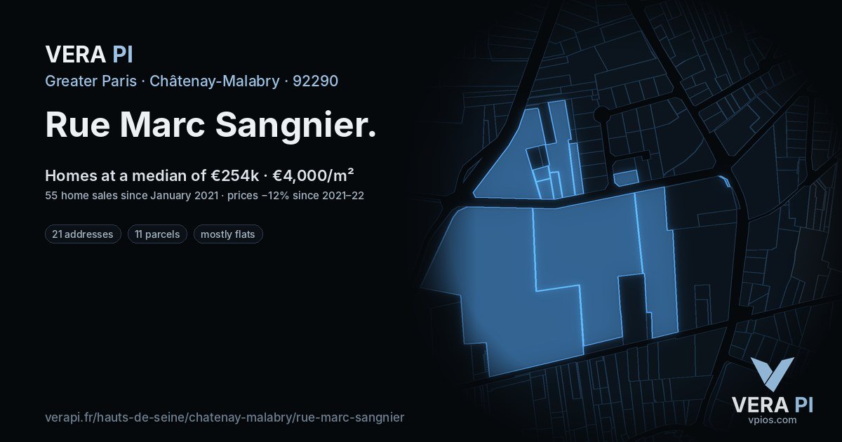 Rue Marc Sangnier, Châtenay-Malabry at night – every parcel coloured by the prices around it, the street's own parcels lit
