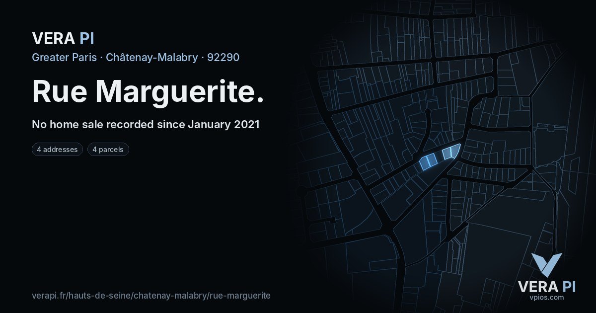 Rue Marguerite, Châtenay-Malabry at night – every parcel coloured by the prices around it, the street's own parcels lit