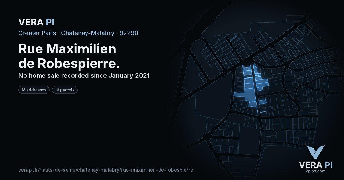 Rue Maximilien de Robespierre, Châtenay-Malabry at night – every parcel coloured by the prices around it, the street's own parcels lit