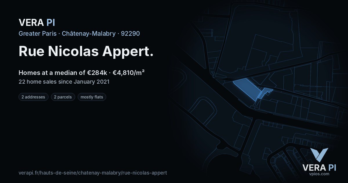 Rue Nicolas Appert, Châtenay-Malabry at night – every parcel coloured by the prices around it, the street's own parcels lit