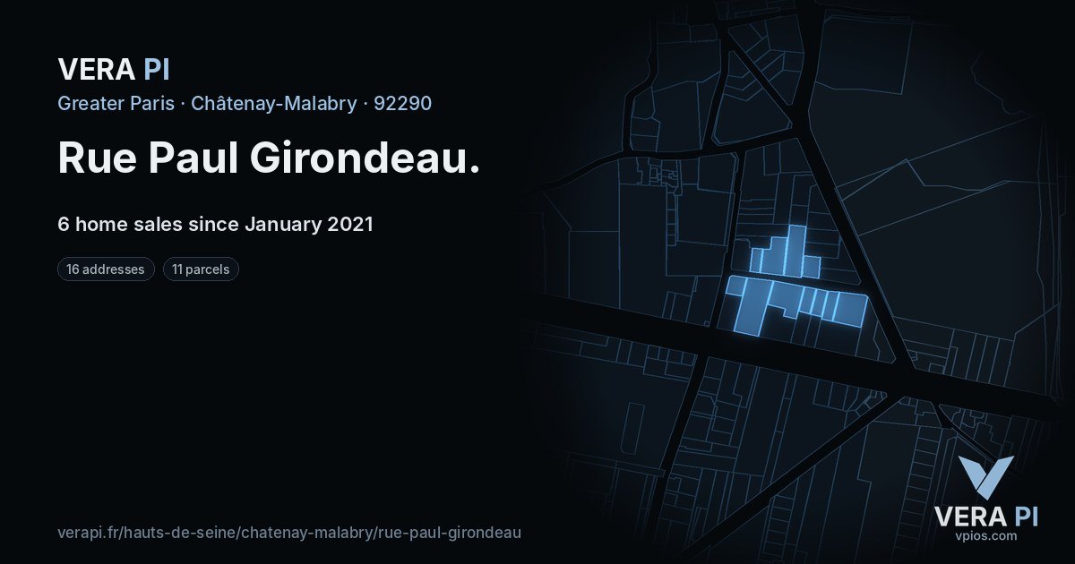 Rue Paul Girondeau, Châtenay-Malabry at night – every parcel coloured by the prices around it, the street's own parcels lit
