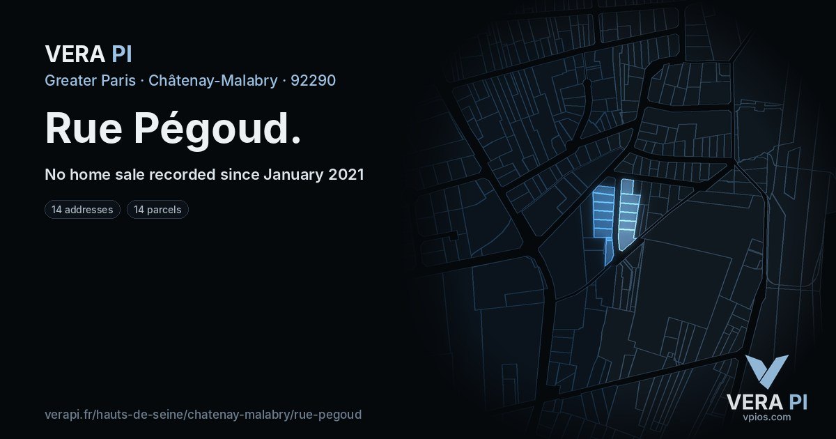 Rue Pégoud, Châtenay-Malabry at night – every parcel coloured by the prices around it, the street's own parcels lit
