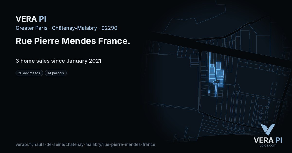 Rue Pierre Mendes France, Châtenay-Malabry at night – every parcel coloured by the prices around it, the street's own parcels lit