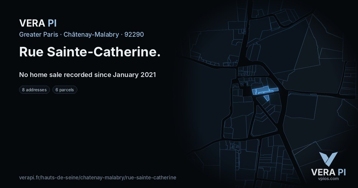 Rue Sainte-Catherine, Châtenay-Malabry at night – every parcel coloured by the prices around it, the street's own parcels lit