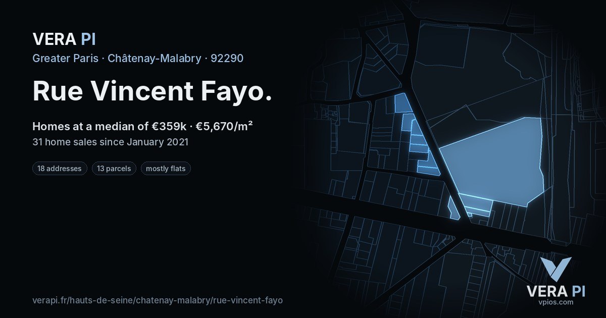 Rue Vincent Fayo, Châtenay-Malabry at night – every parcel coloured by the prices around it, the street's own parcels lit