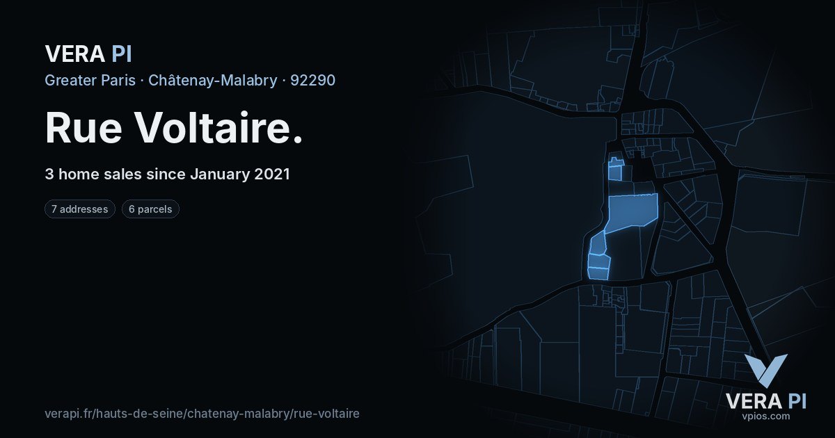 Rue Voltaire, Châtenay-Malabry at night – every parcel coloured by the prices around it, the street's own parcels lit