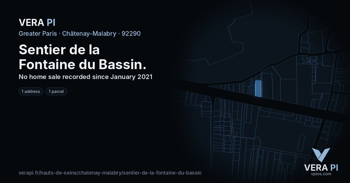Sentier de la Fontaine du Bassin, Châtenay-Malabry at night – every parcel coloured by the prices around it, the street's own parcels lit
