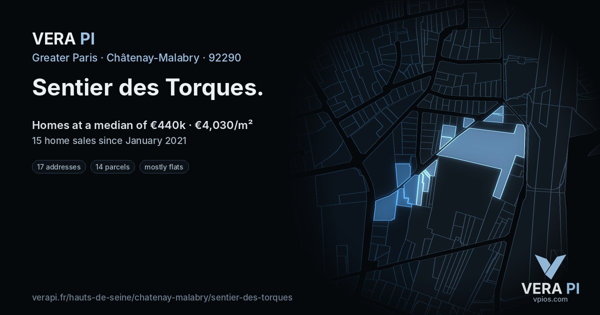 Sentier des Torques, Châtenay-Malabry at night – every parcel coloured by the prices around it, the street's own parcels lit