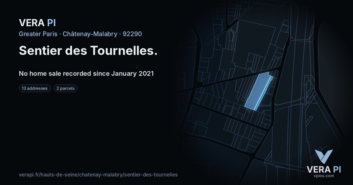 Sentier des Tournelles, Châtenay-Malabry at night – every parcel coloured by the prices around it, the street's own parcels lit