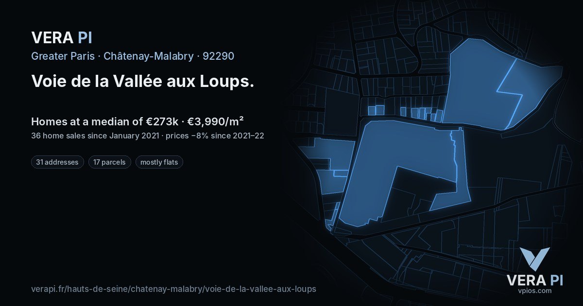Voie de la Vallée aux Loups, Châtenay-Malabry at night – every parcel coloured by the prices around it, the street's own parcels lit