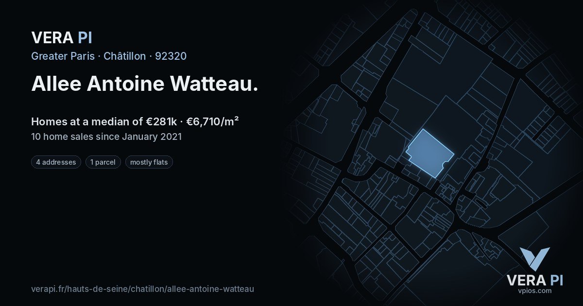 Allee Antoine Watteau, Châtillon at night – every parcel coloured by the prices around it, the street's own parcels lit