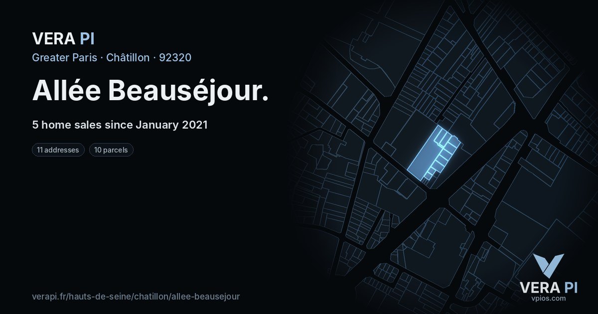 Allée Beauséjour, Châtillon at night – every parcel coloured by the prices around it, the street's own parcels lit