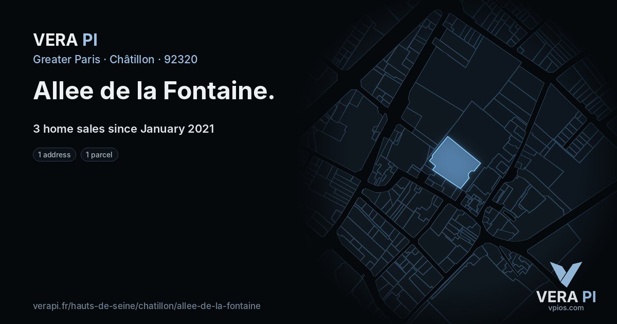 Allee de la Fontaine, Châtillon at night – every parcel coloured by the prices around it, the street's own parcels lit
