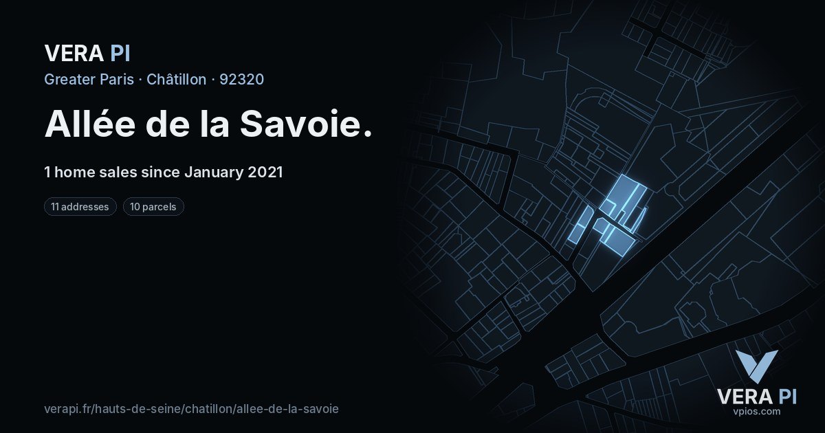 Allée de la Savoie, Châtillon at night – every parcel coloured by the prices around it, the street's own parcels lit