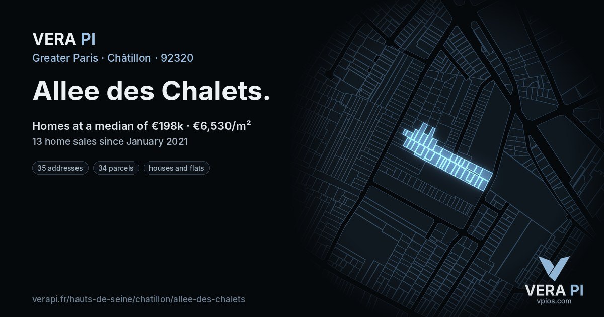 Allee des Chalets, Châtillon at night – every parcel coloured by the prices around it, the street's own parcels lit